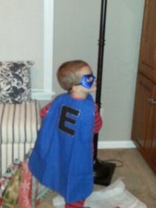 Eli in his superman cape I made the boys for Christmas.